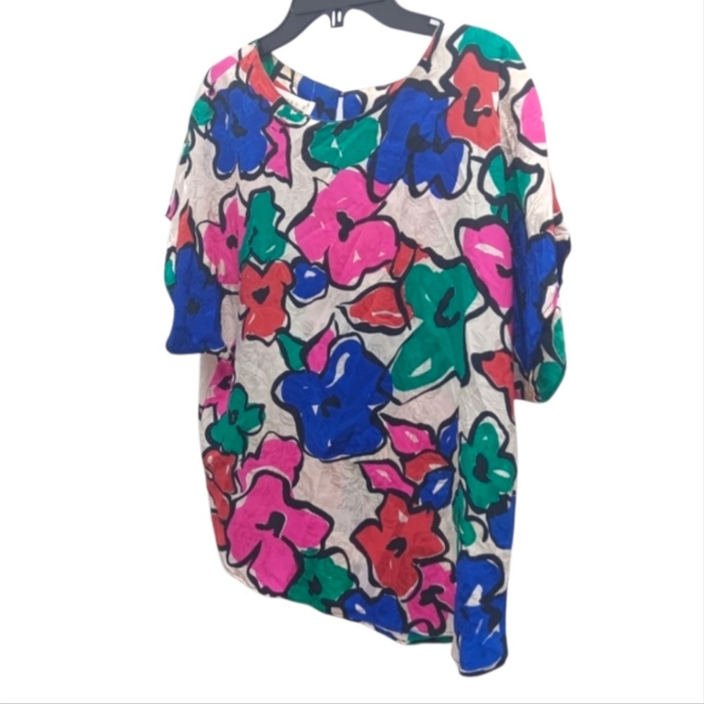 Flora Kung Vtg 80s Silk Floral Blouse Top